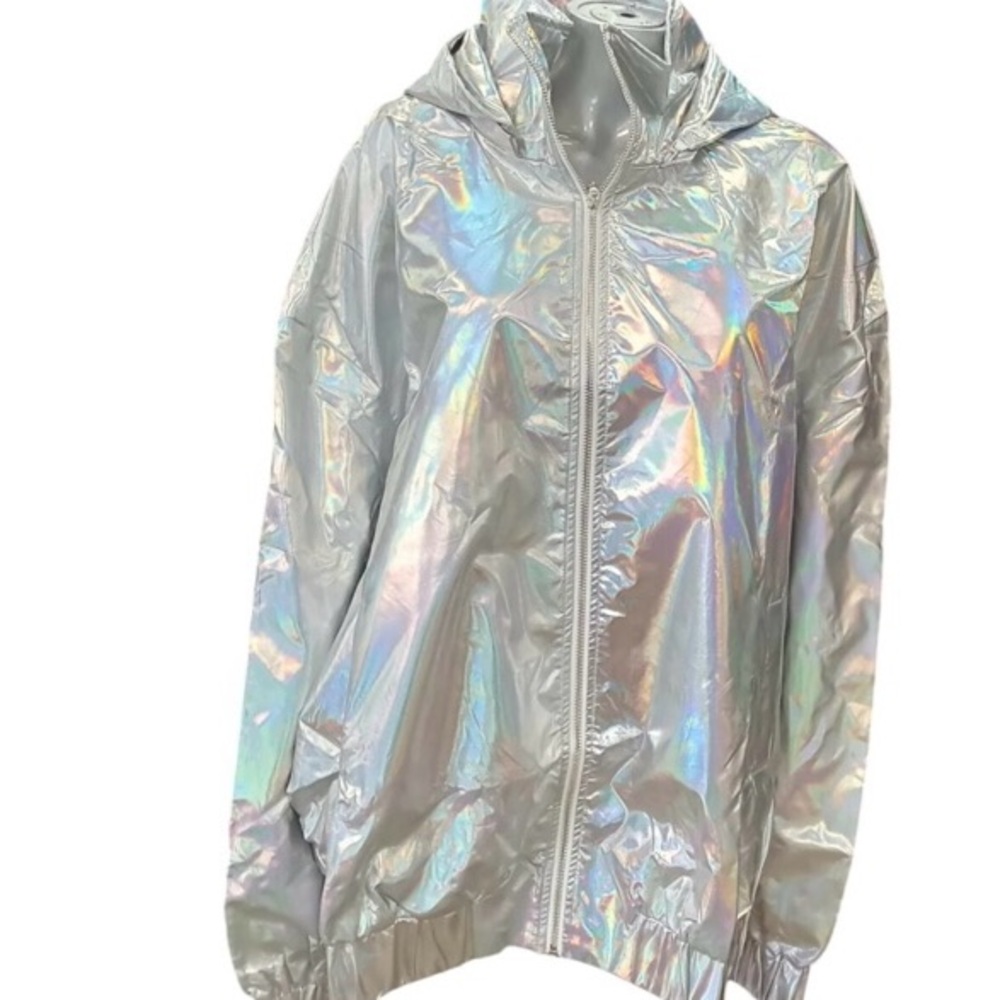 Iridescent Silver Hooded Windbreaker Jacket Size 14